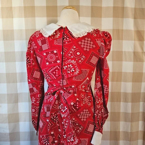 Vintage 70s Handmade Red Bandana Print Maxi Dress Puff Sleeve Peter Pan Collar S - Picture 6 of 7